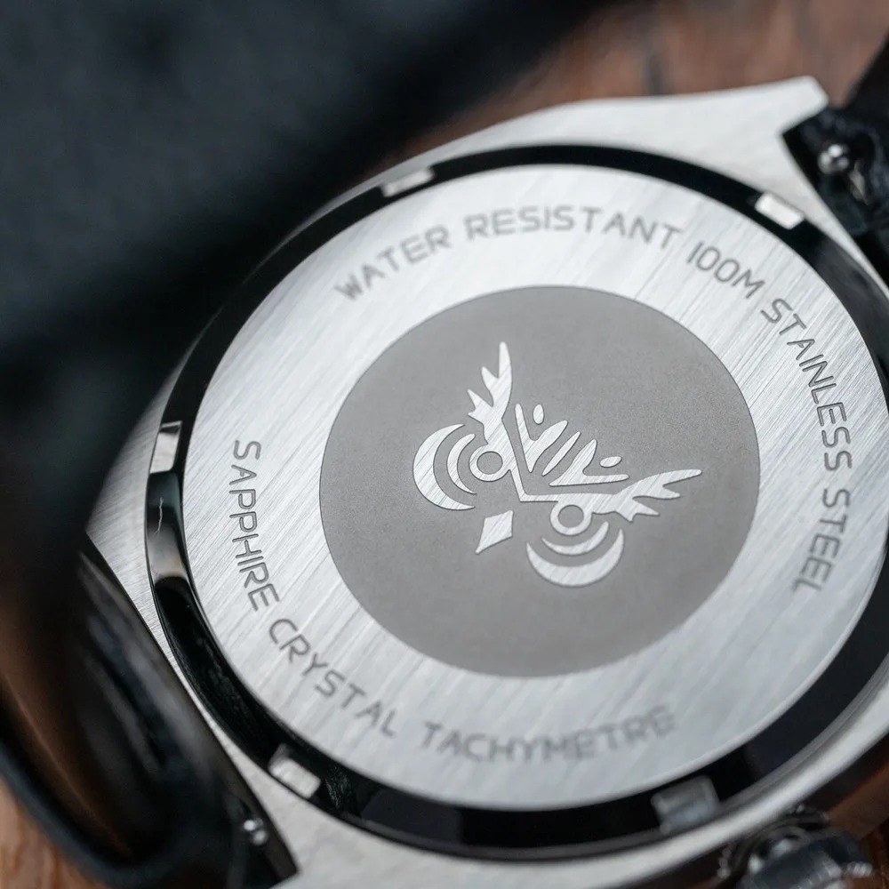 Water resistant stainless steel case back with logo and specifications.
