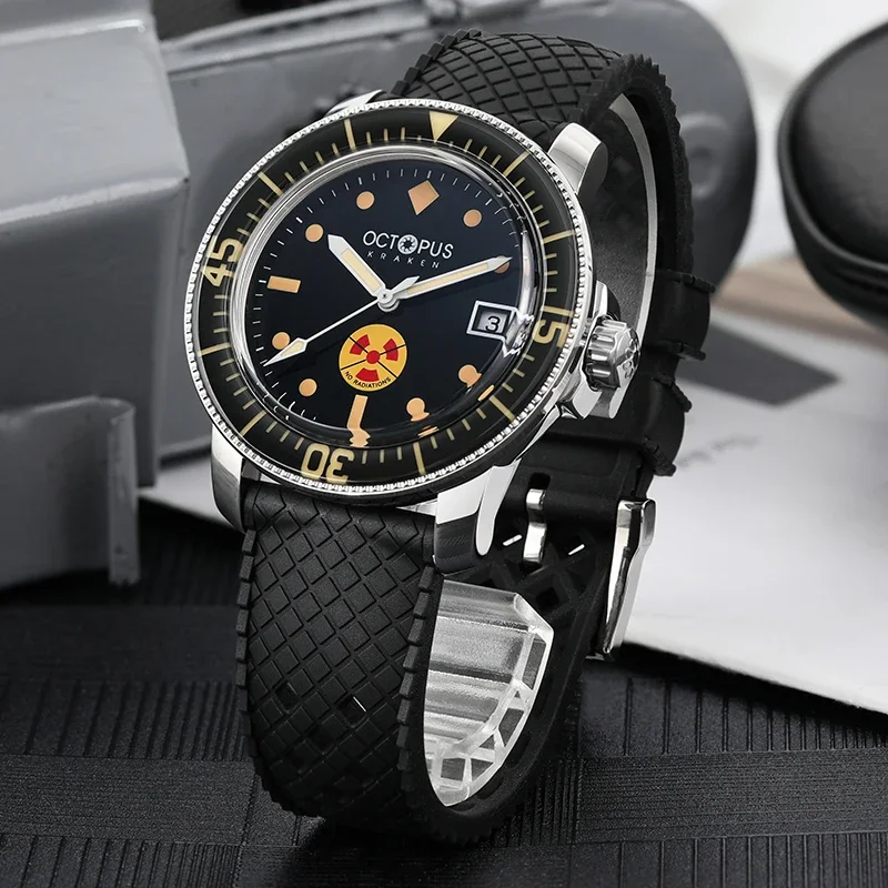 Vintage Octopus dive watch featuring radiation symbol on dial, black rubber strap, and stainless ste.