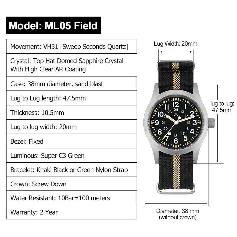 Militado ML05 Vintage Watch VH31 Sweep Second Movement Domed Sapphire Crystal With High Clear AR Coating Luminous 38mm Watches