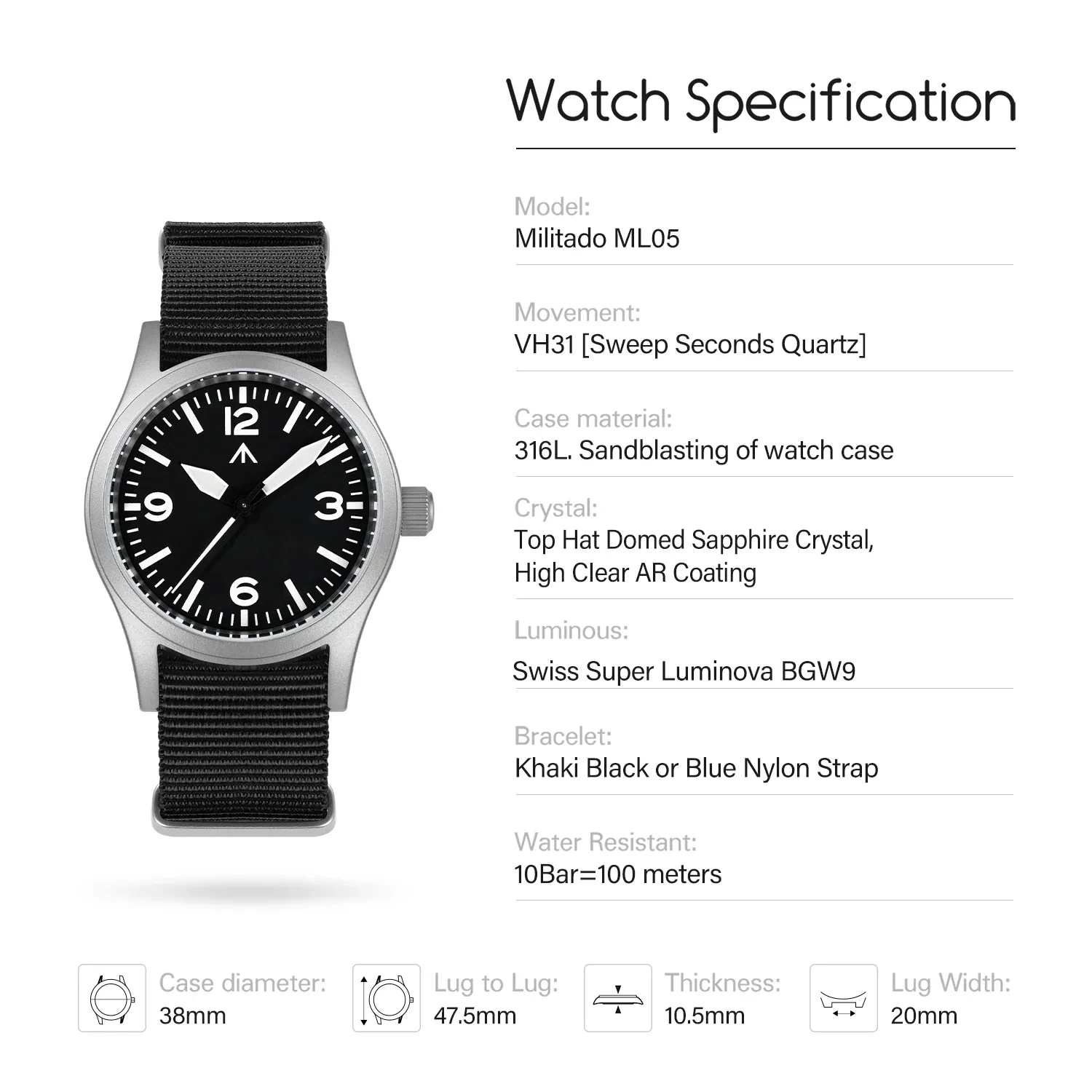 Militado New ML05 Sweep Seconds Movement VH31 Sapphire Super-LumiNova  BGW9 High Transparency AR Coated 38mm Vintage Watches