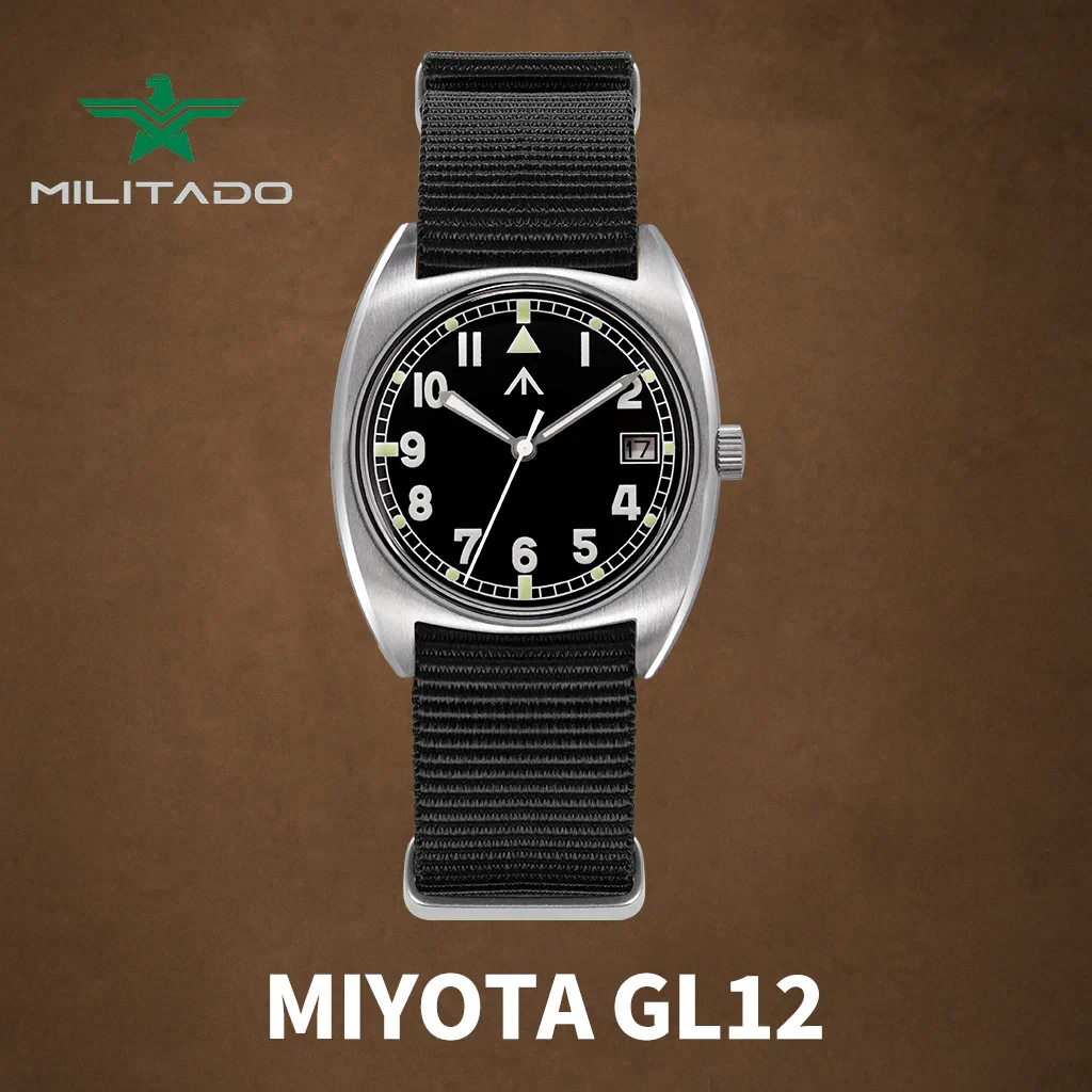 High-quality Miyota GL12 watch with black nylon strap and easy-to-read dial.