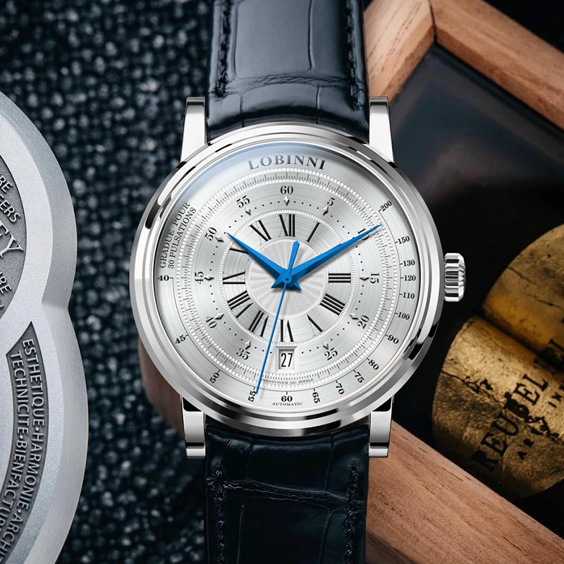 LOBINNI Men's Classic Leather Strap Watch ST1612 Movement Date 50m Waterproof 40.5mm Automatic Watches