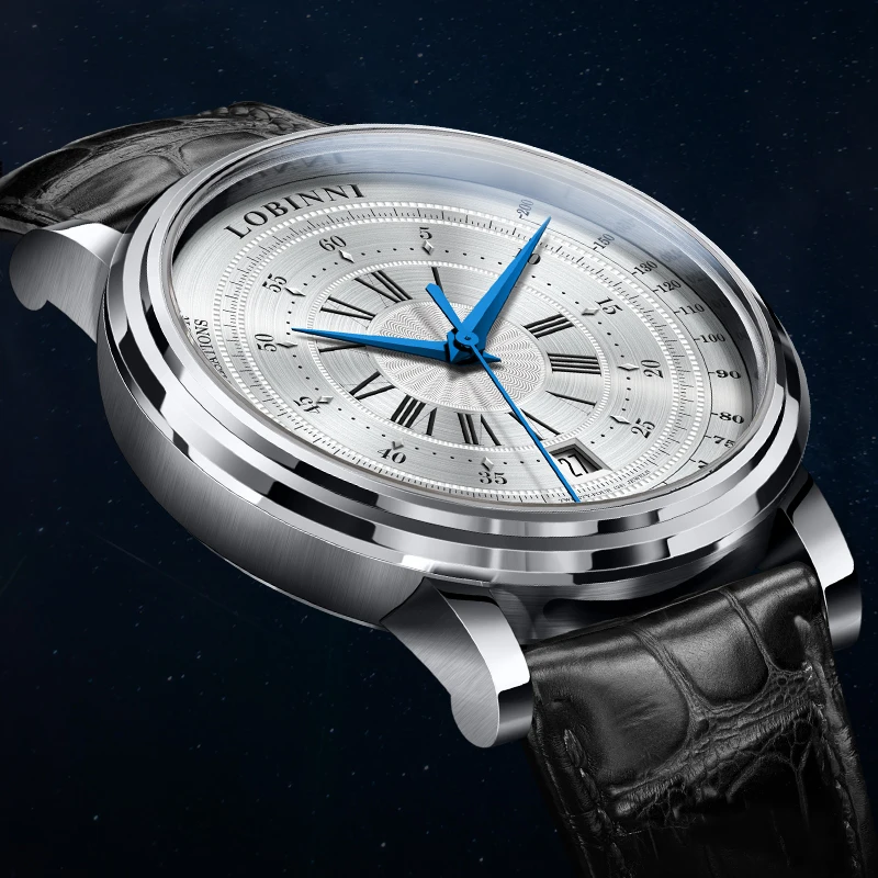 LOBINNI Men's Classic Leather Strap Watch ST1612 Movement Date 50m Waterproof 40.5mm Automatic Watches