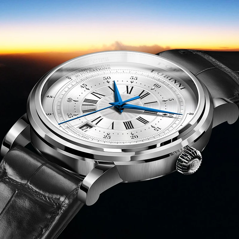 LOBINNI Men's Classic Leather Strap Watch ST1612 Movement Date 50m Waterproof 40.5mm Automatic Watches