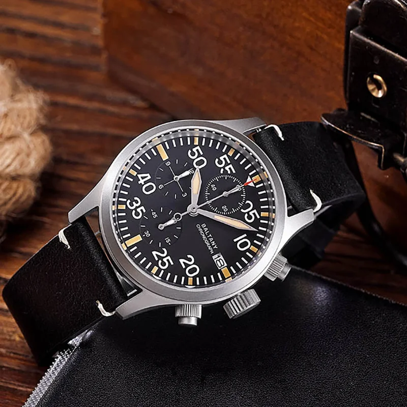 High-quality men's chronograph watch with black dial, stainless steel case, and leather strap for st.
