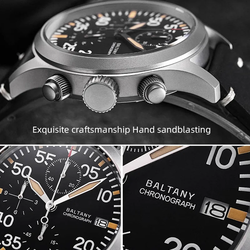Close-up of a luxury Baltic chronograph watch with sandblasted finish and detailed dial.