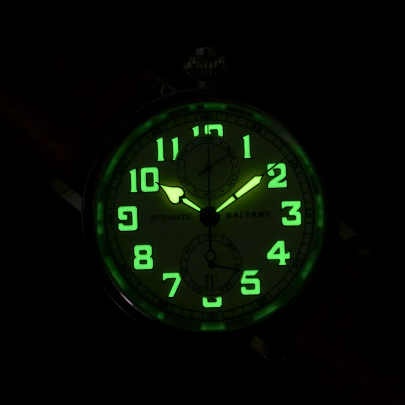 Luminous watch face with glow-in-the-dark hands and markers, perfect for night visibility and stylis.