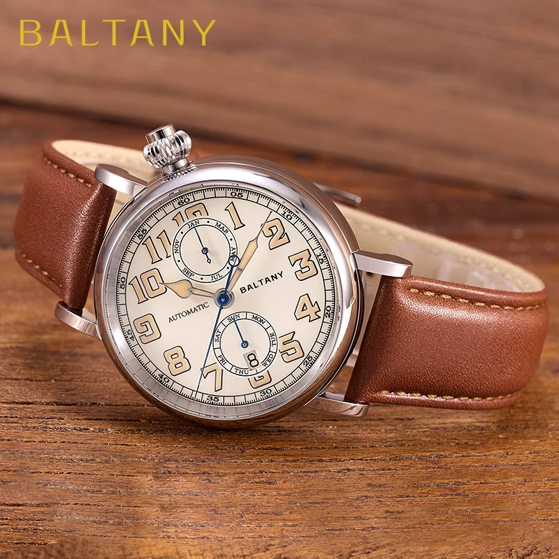 Elegant Baltany men's watch with brown leather strap and vintage dial design.