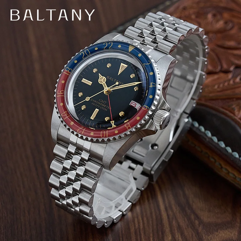 Vintage Baltany dive watch with Pepsi bezel and stainless steel bracelet.