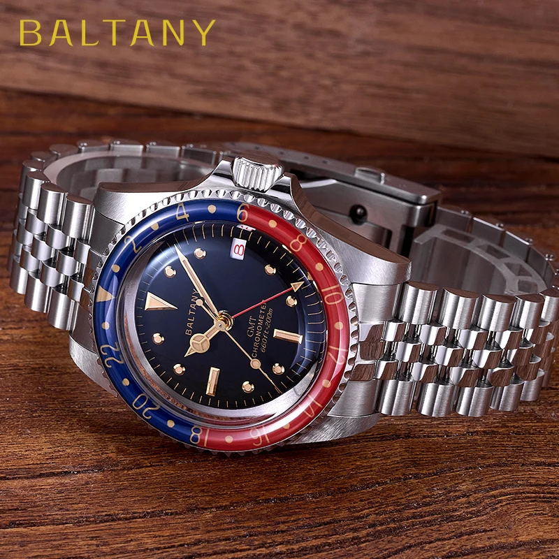 High-quality Baltany dive watch featuring a blue and red bezel, stainless steel bracelet, and water-.