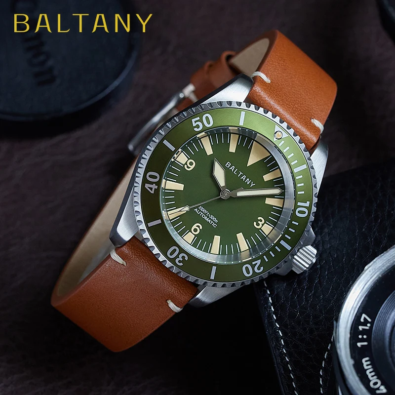 Stylish Baltany green dial dive watch with brown leather strap, perfect for everyday wear.
