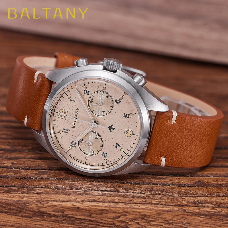 Baltany men's chronograph watch with beige dial and brown leather strap.