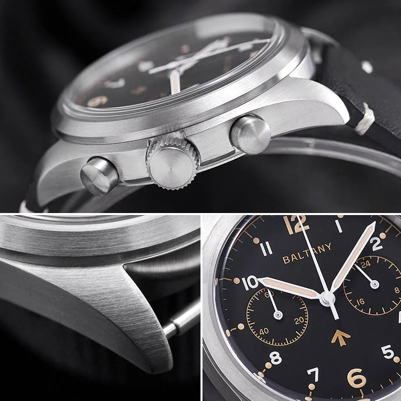 Stylish men's chronograph watch with black dial, silver case, and chronograph features.