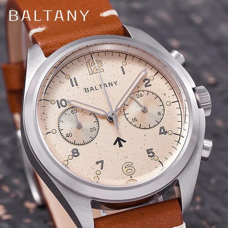 High-quality Baltany men's chronograph watch with leather strap and beige dial.