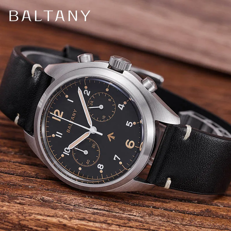 Men's black leather strap chronograph watch with silver case and black dial.