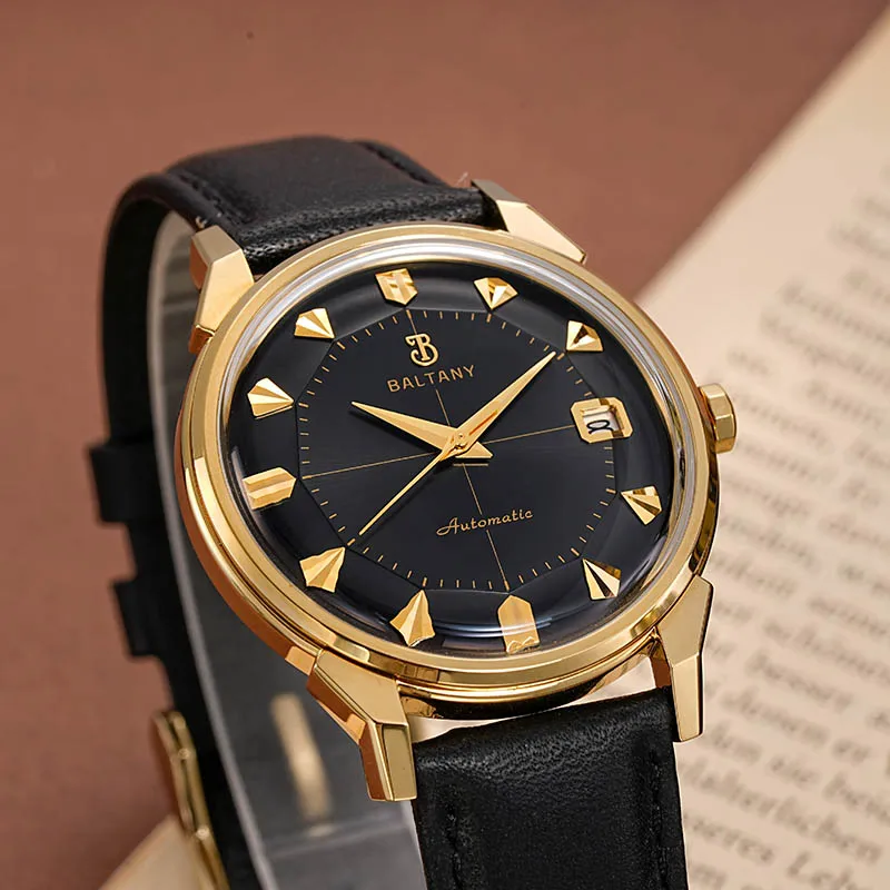 Elegant gold and black automatic wristwatch with date display and leather strap.