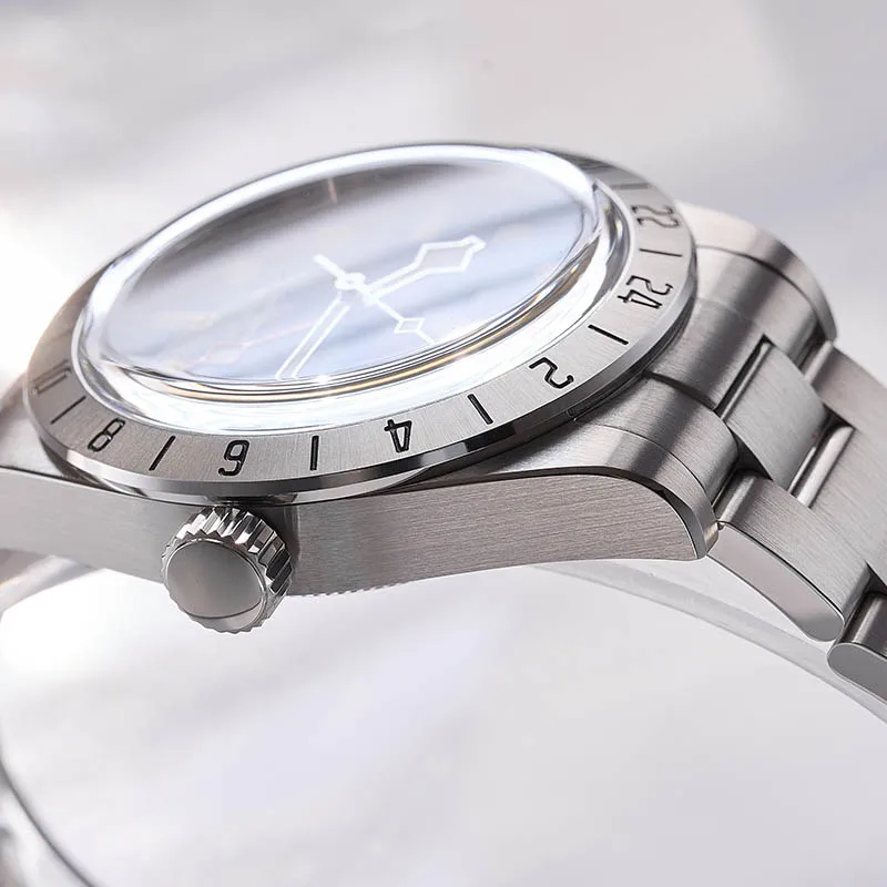 Luxury stainless steel wristwatch with GMT function and sleek design.