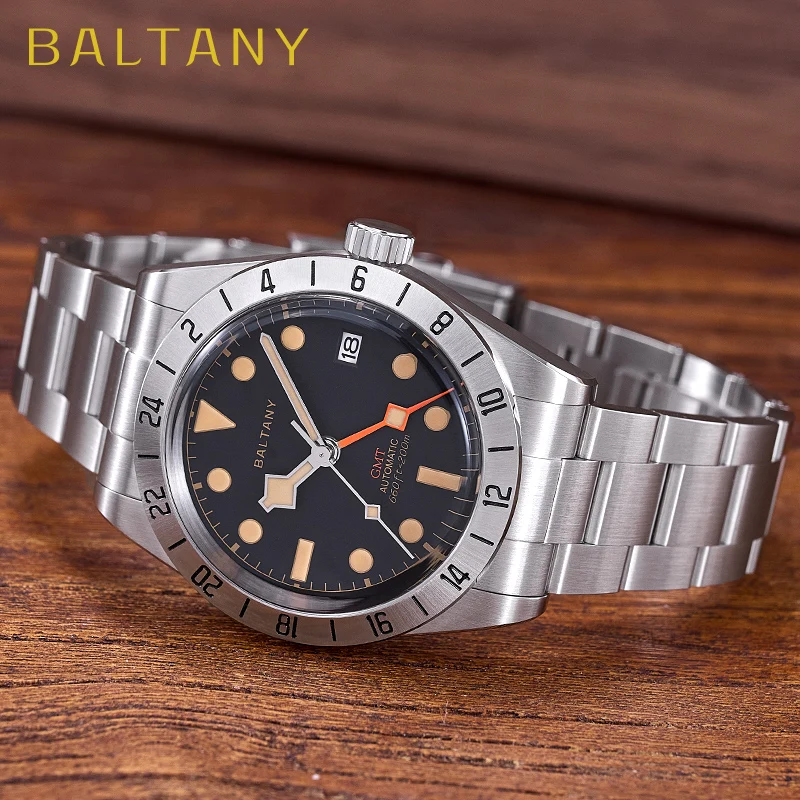 Baltany men's dive watch with black dial, luminous markers, and stainless steel bracelet.