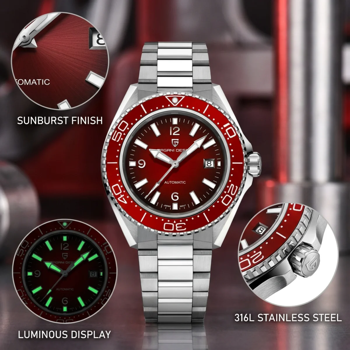 High-quality stainless steel dive watch with red bezel and luminous display.