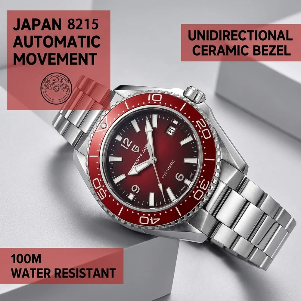Men's Japan 8215 automatic watch with ceramic bezel, water-resistant up to 100M, stainless steel ban.