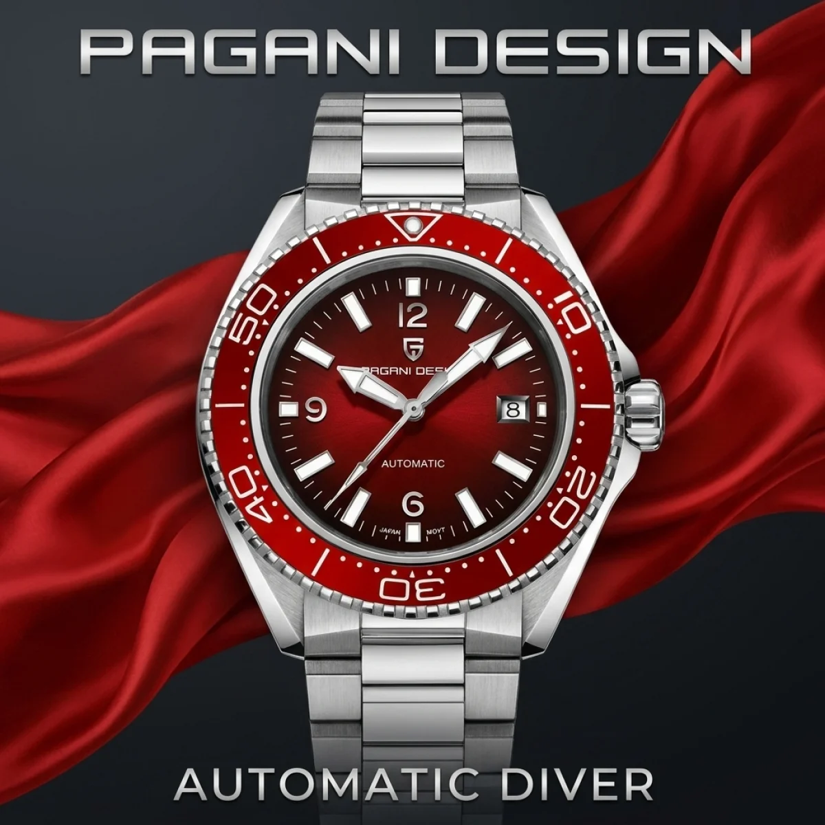Automatic diver watch with red bezel and stainless steel band.