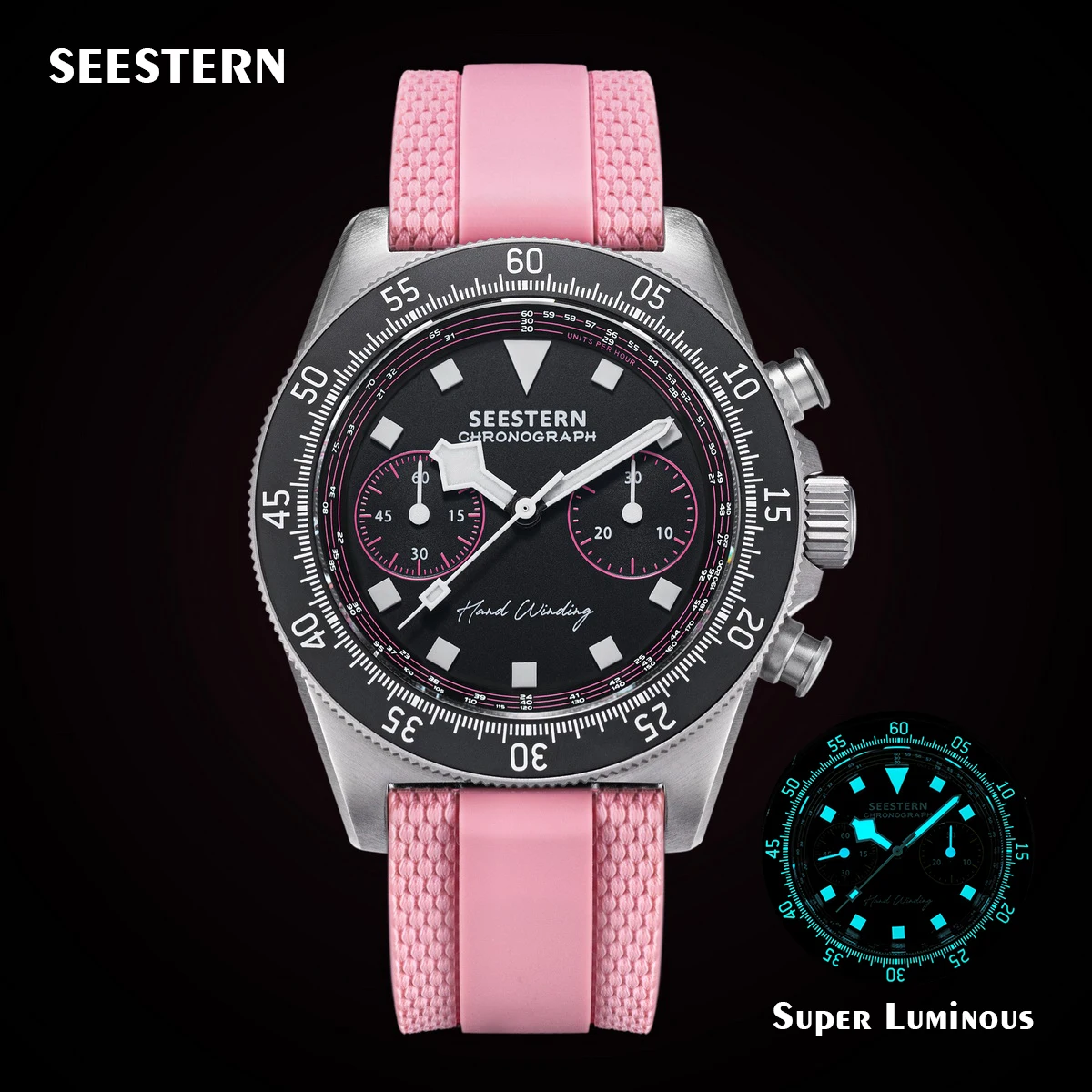 Stylish pink strap chronograph watch with luminous dial and multiple functions.