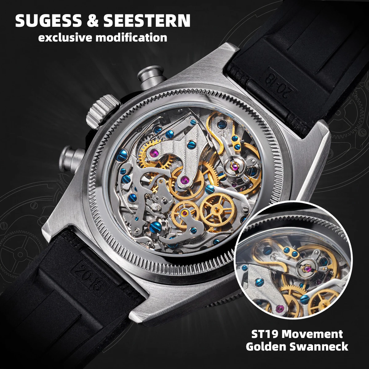 Elegant skeleton watch showcasing intricate internal gears and gold details.