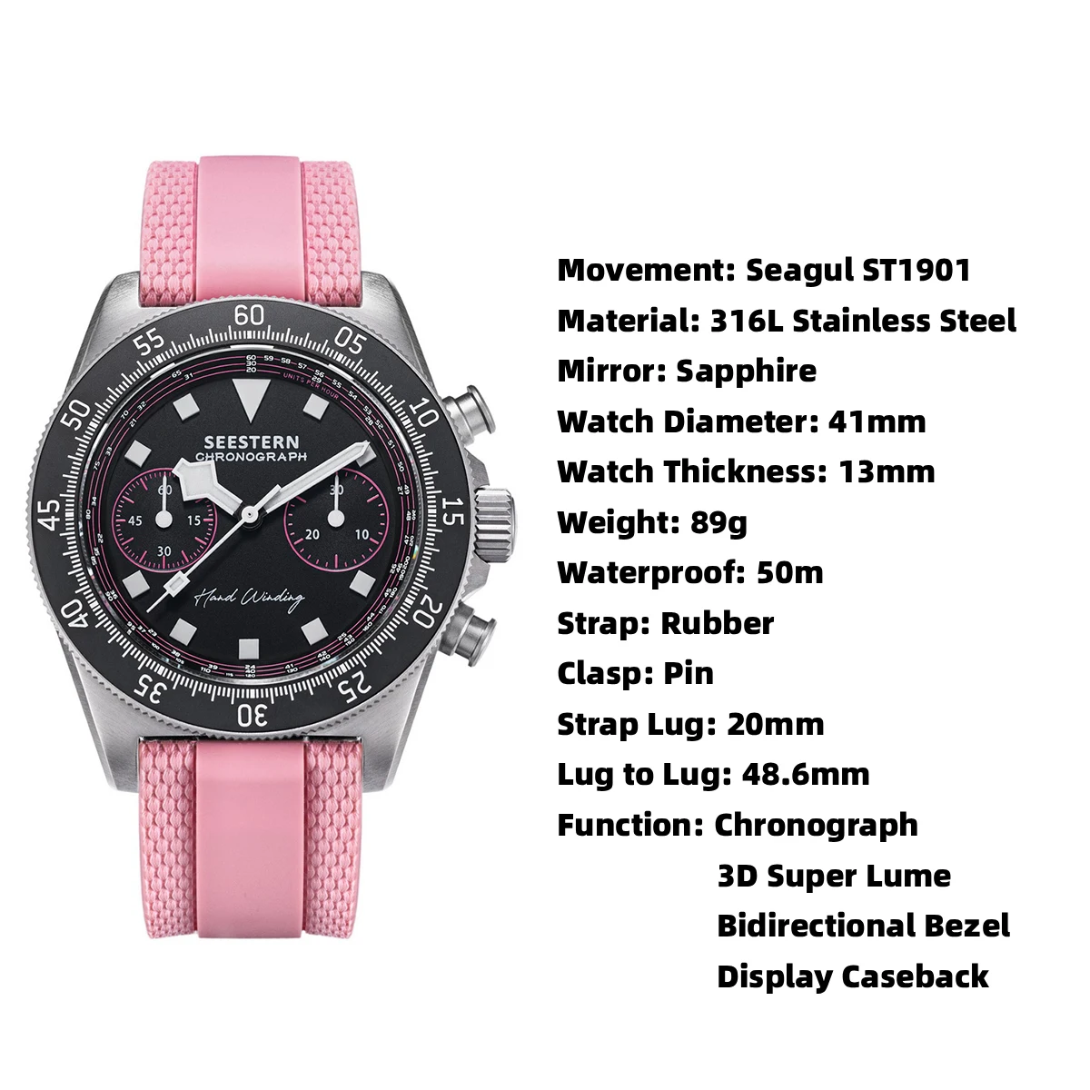 Seestern ST1901 stainless steel chronograph watch with sapphire mirror and pink rubber strap.