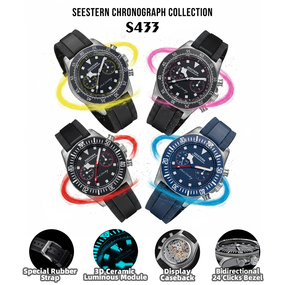 Seestern chronograph watch with black strap and luminous dial, sporty and stylish design.