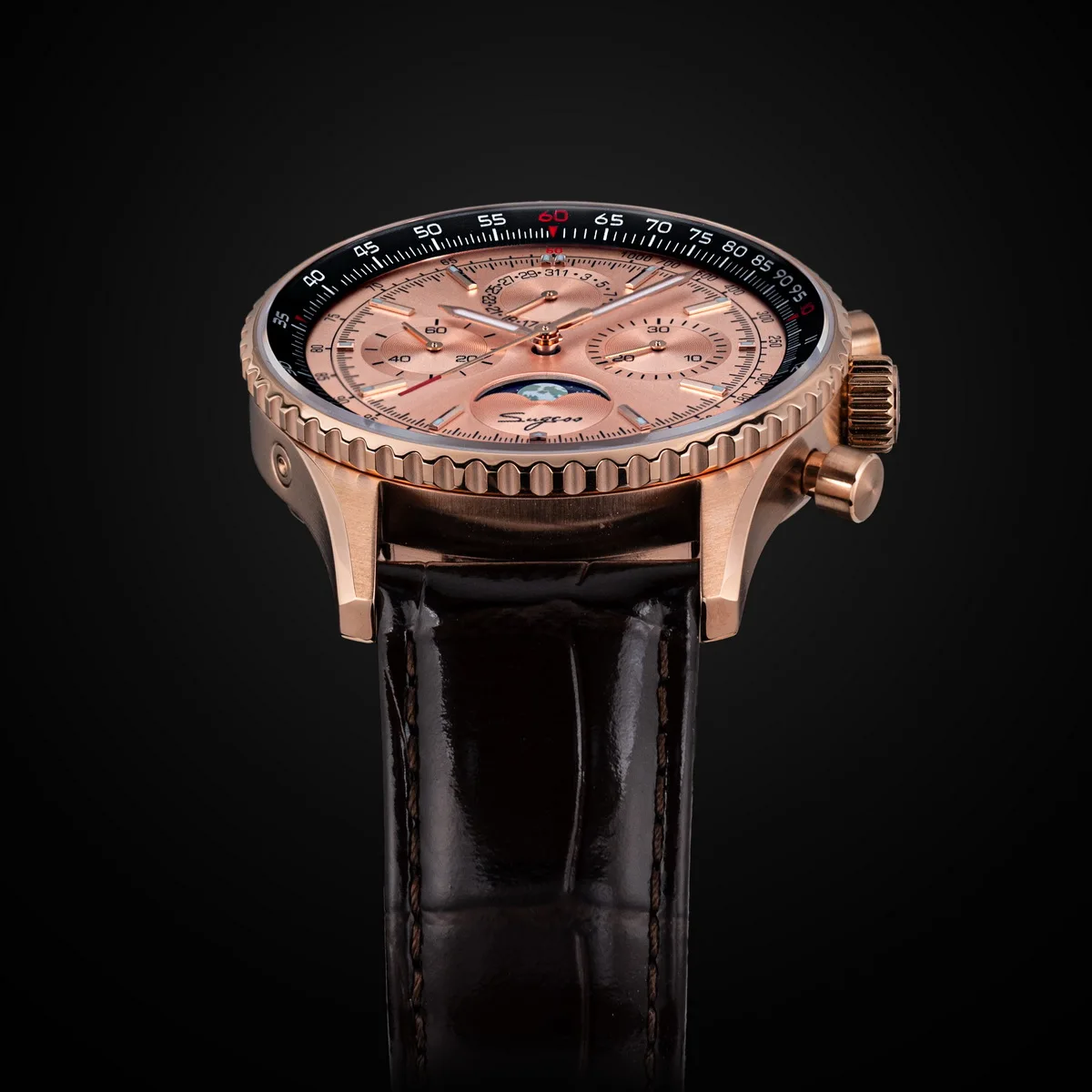 Sugess Watch Mens Moonphase Pilot Chronograph Mechanical Wristwatches Tianjin ST1908 Movement Swanneck Sapphire Crystal Luminous