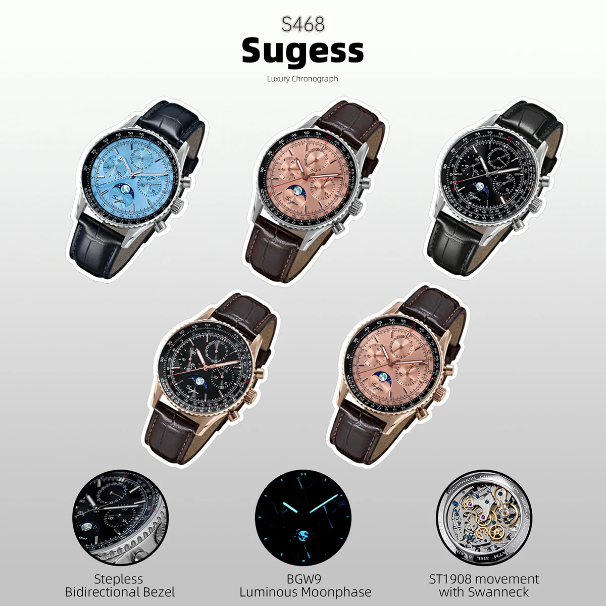 Sugess Watch Mens Moonphase Pilot Chronograph Mechanical Wristwatches Tianjin ST1908 Movement Swanneck Sapphire Crystal Luminous
