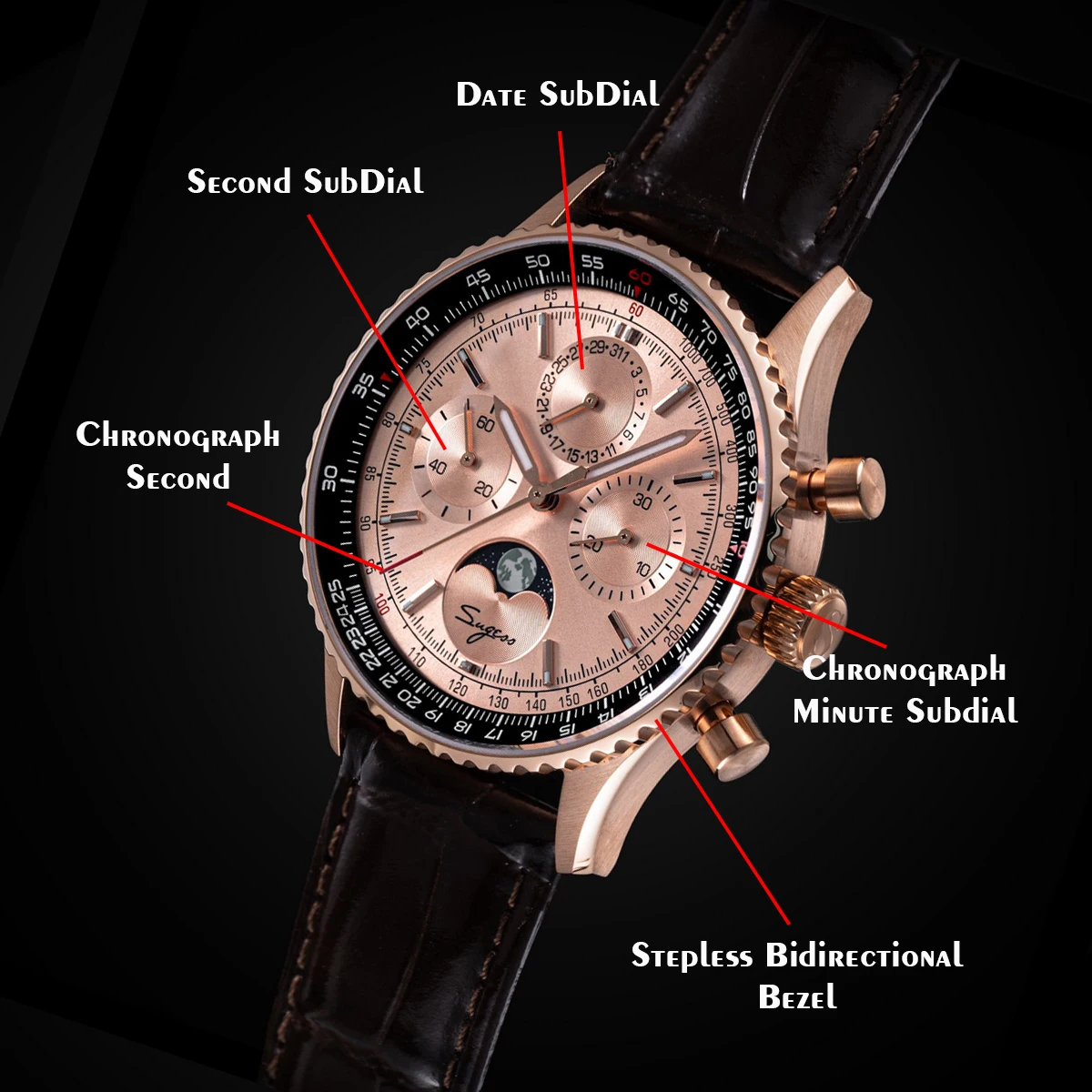 Sugess Watch Mens Moonphase Pilot Chronograph Mechanical Wristwatches Tianjin ST1908 Movement Swanneck Sapphire Crystal Luminous