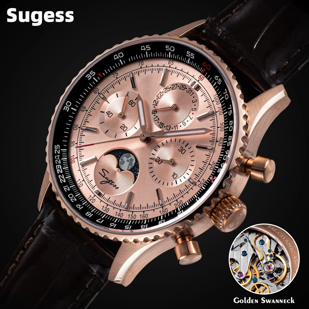 Sugess Watch Mens Moonphase Pilot Chronograph Mechanical Wristwatches Tianjin ST1908 Movement Swanneck Sapphire Crystal Luminous