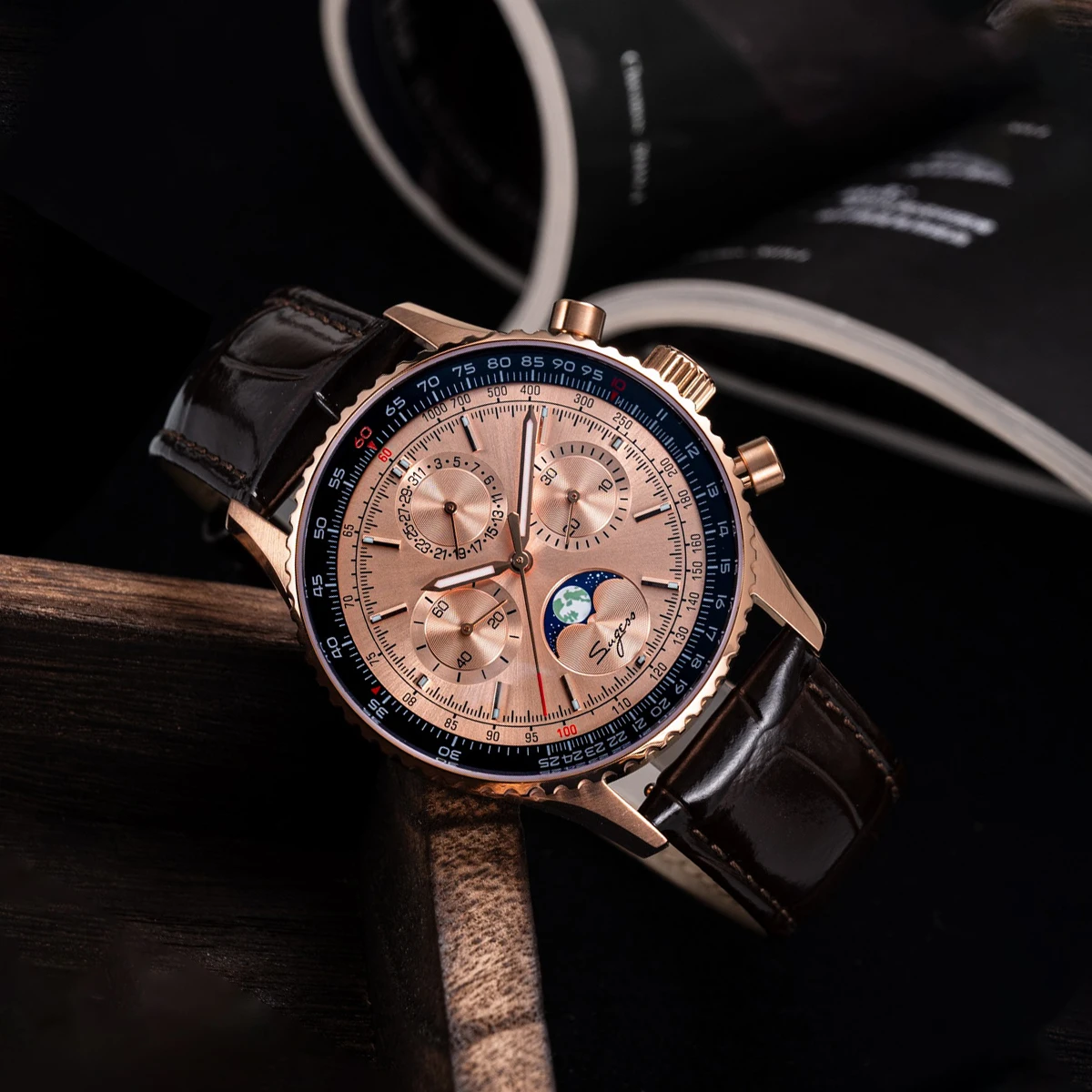 Sugess Watch Mens Moonphase Pilot Chronograph Mechanical Wristwatches Tianjin ST1908 Movement Swanneck Sapphire Crystal Luminous