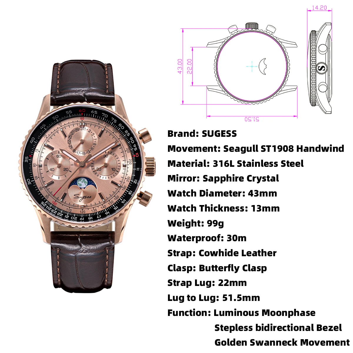 Sugess Watch Mens Moonphase Pilot Chronograph Mechanical Wristwatches Tianjin ST1908 Movement Swanneck Sapphire Crystal Luminous