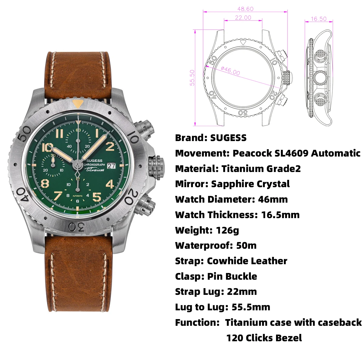 Sugess Titanium Chronograph Watch of Mens Automatic Peacock SL4609 Movement Luxury Waterproof Mechanical Wristwatches New S464