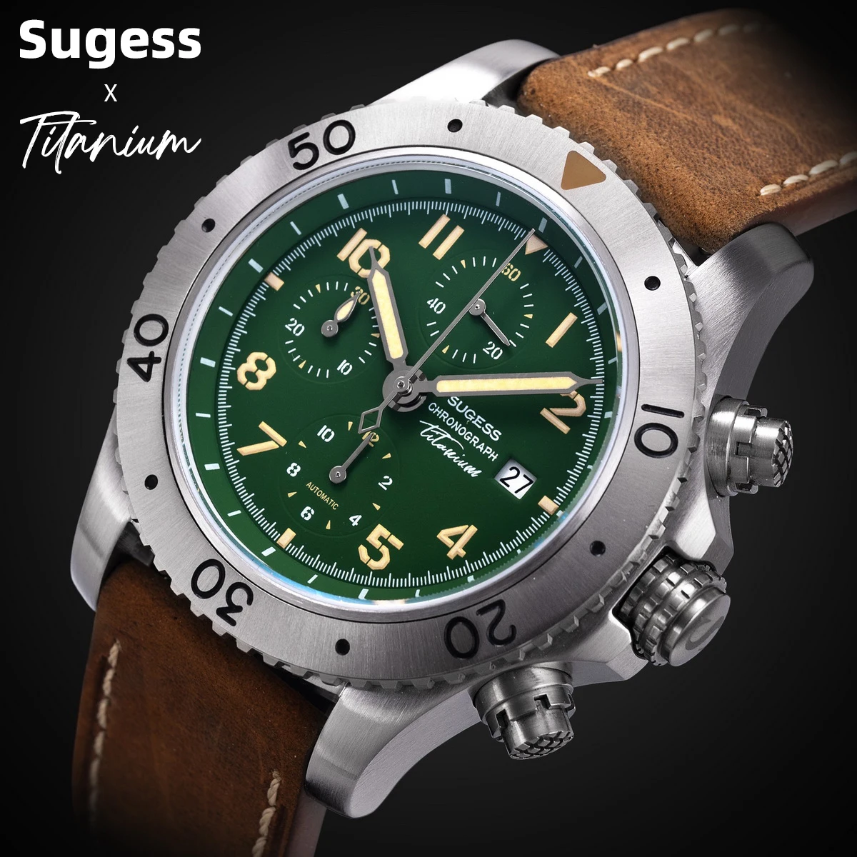 Sugess Titanium Chronograph Watch of Mens Automatic Peacock SL4609 Movement Luxury Waterproof Mechanical Wristwatches New S464