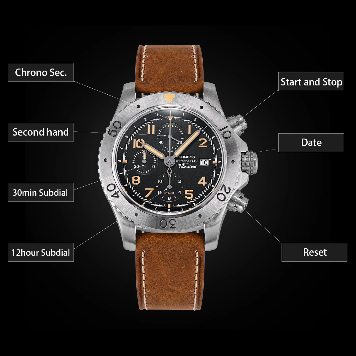 Sugess Titanium Chronograph Watch of Mens Automatic Peacock SL4609 Movement Luxury Waterproof Mechanical Wristwatches New S464
