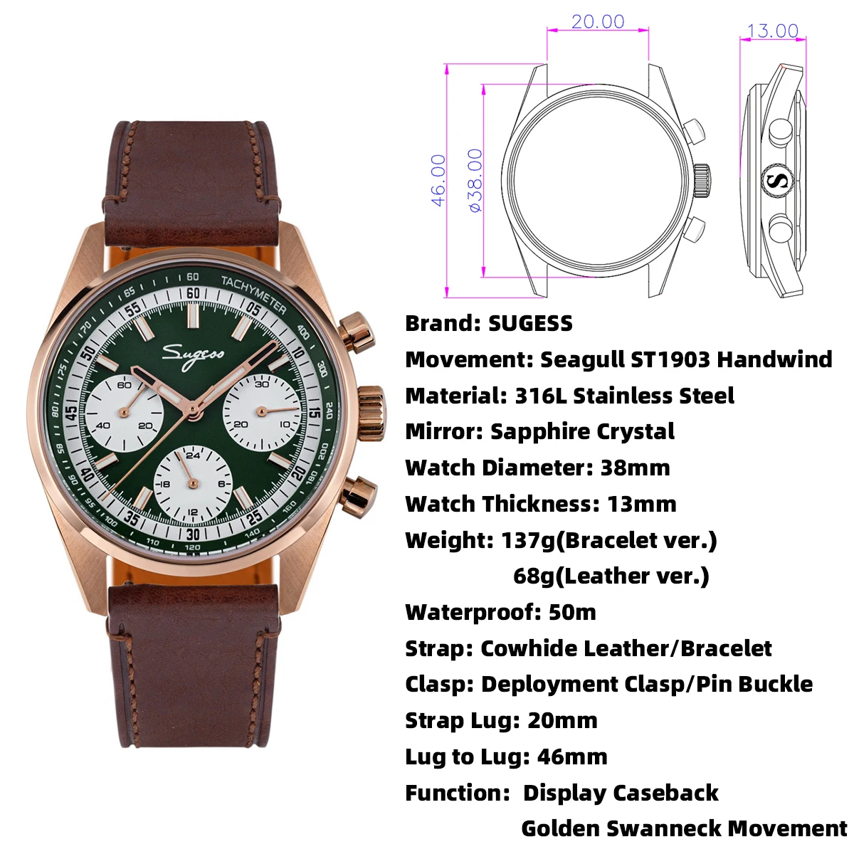 Seagull ST1903 mechanical watch featuring a 38mm stainless steel case and sapphire crystal lens.