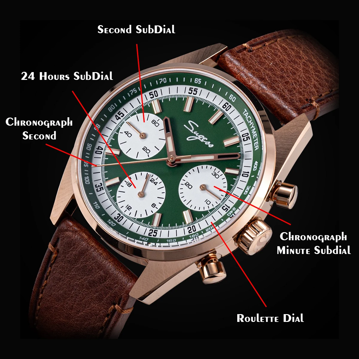 Elegant men's chronograph watch with multiple subdials and a brown leather strap.