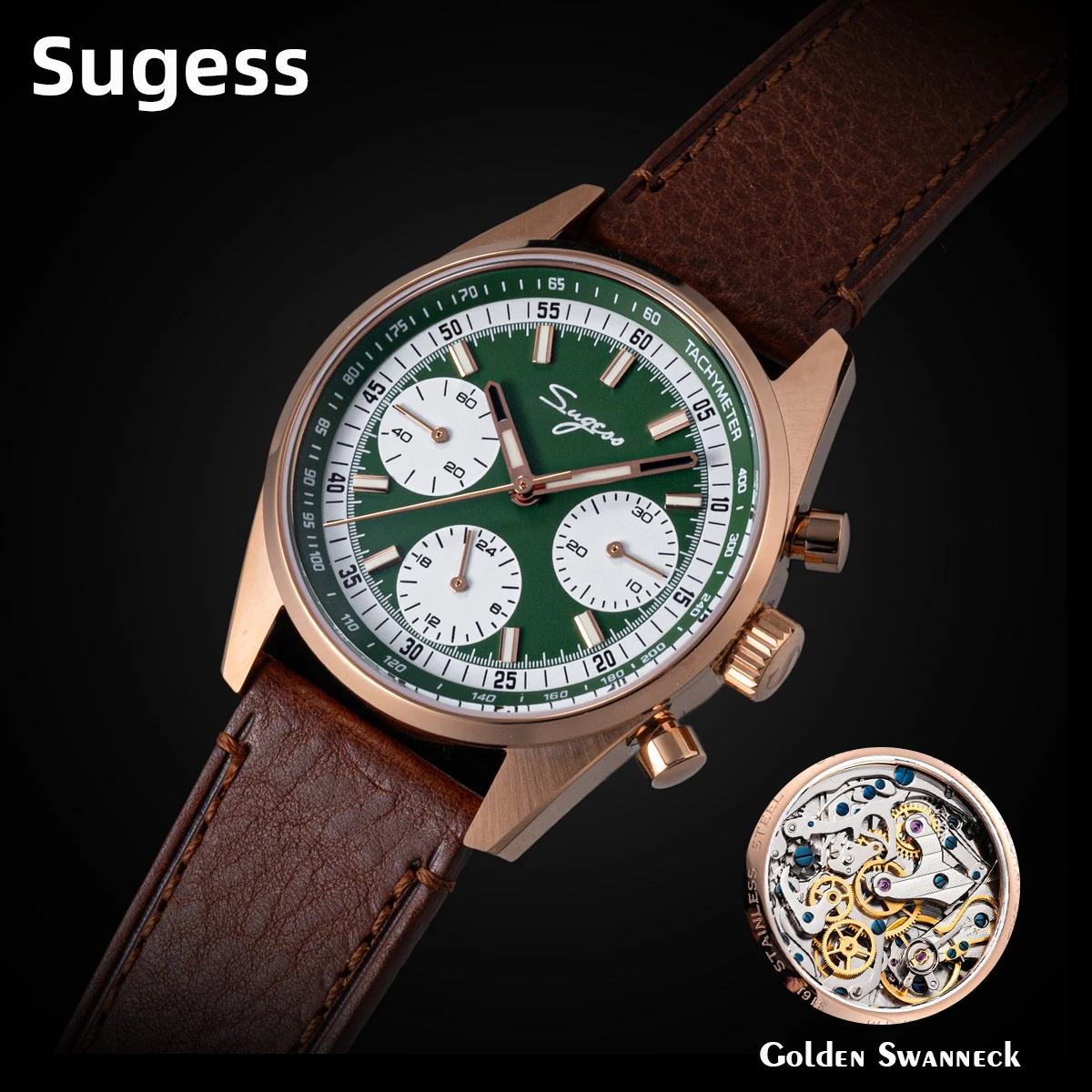 Men's watch with green dial, chronograph, and brown leather strap.
