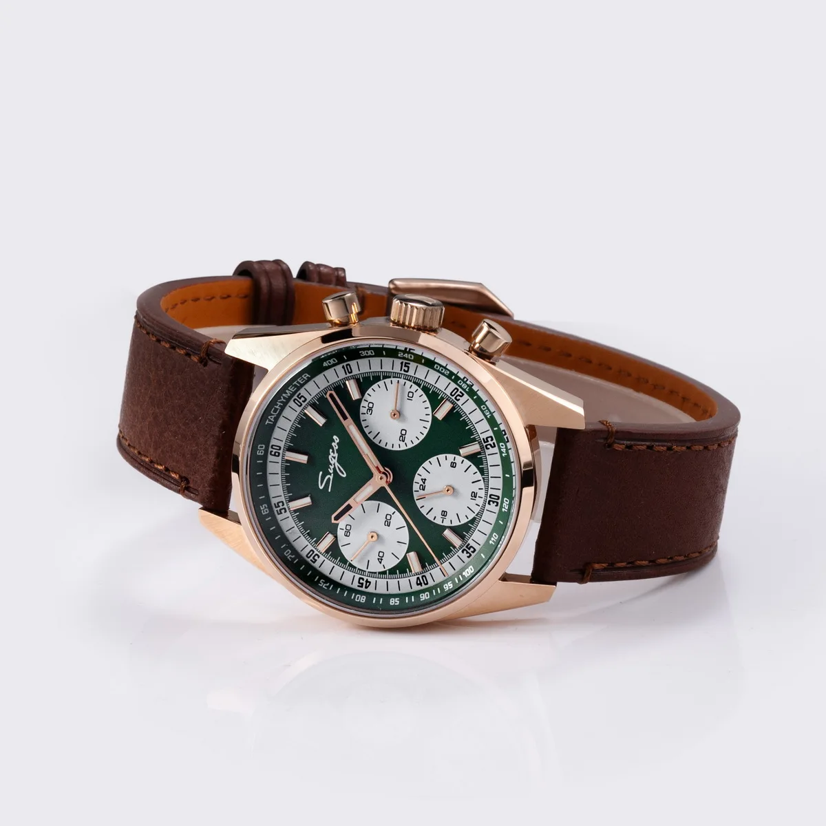 Men's chronograph watch with brown leather strap and green dial, stylish and functional accessory.