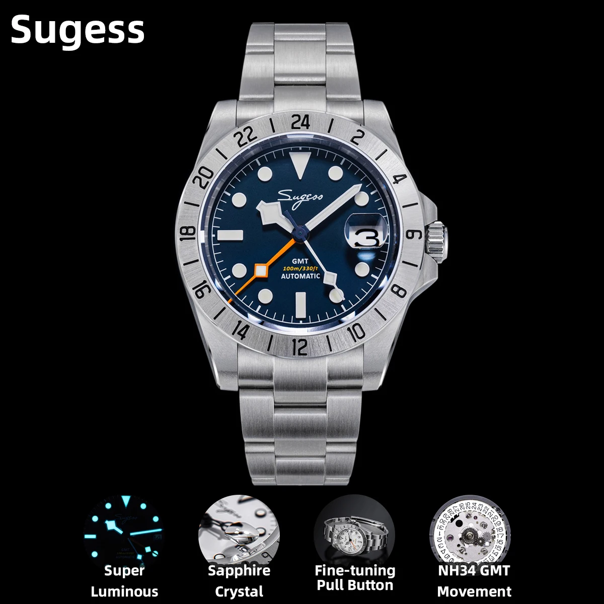 Luxury GMT Master II watch with blue dial, stainless steel band, and date display.