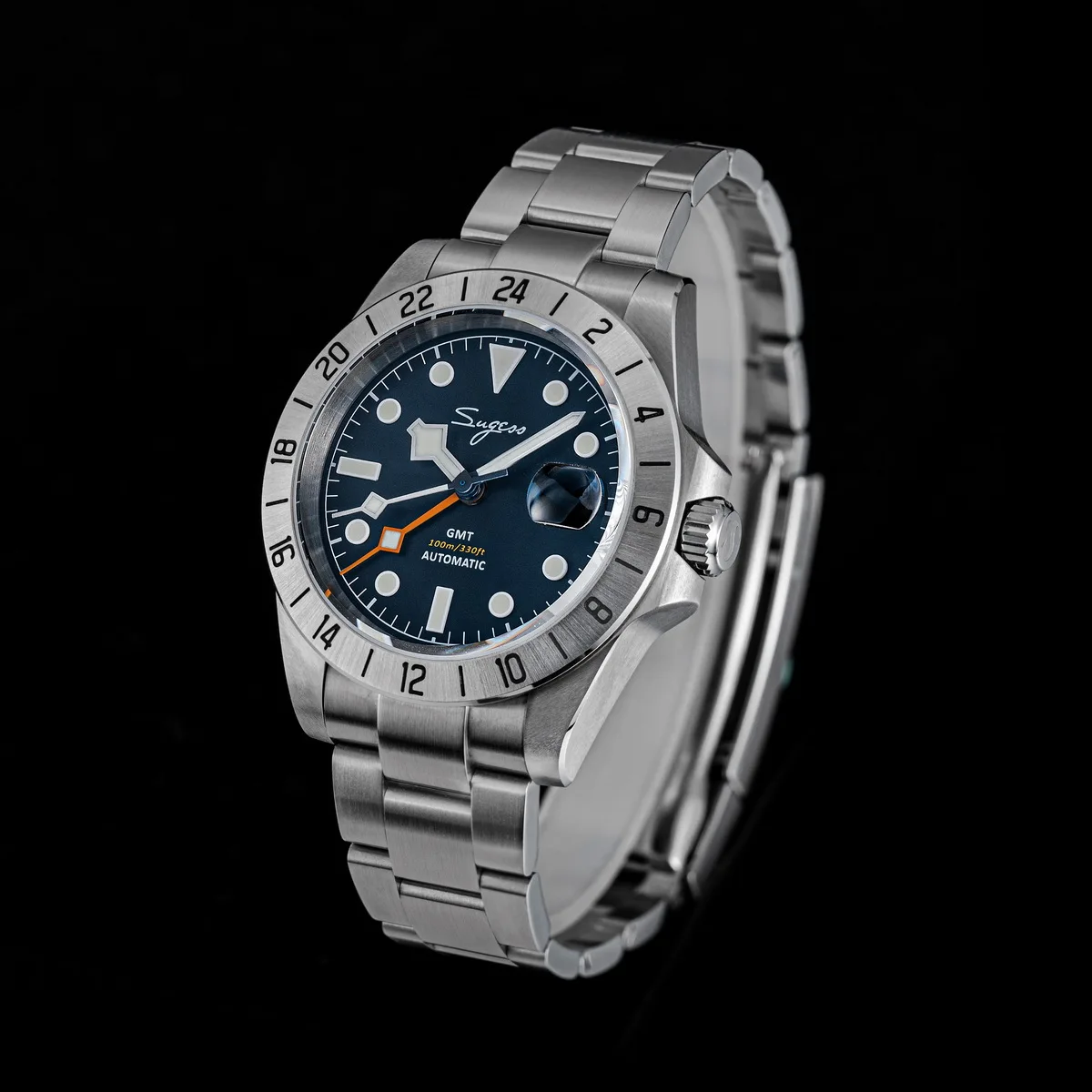 Luxury stainless steel GMT watch featuring a blue dial and automatic movement.