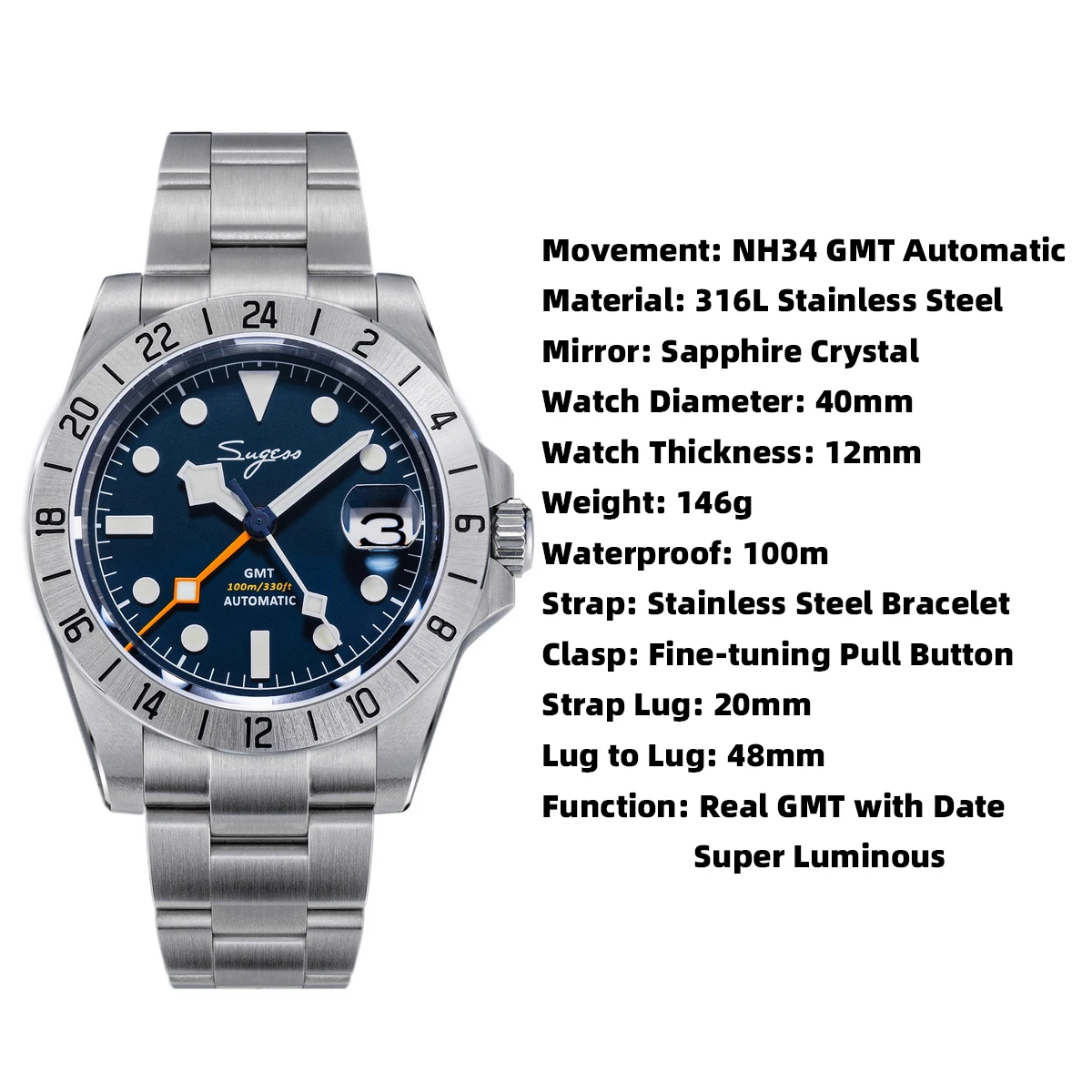 Stylish stainless steel GMT watch with blue dial, 40mm diameter, 12mm thickness, waterproof 100m.