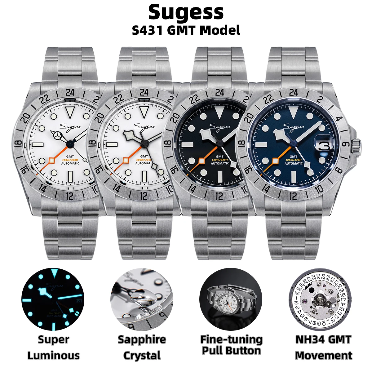 Men's stainless steel Sugess S431 GMT watch with dual time and sapphire crystal.