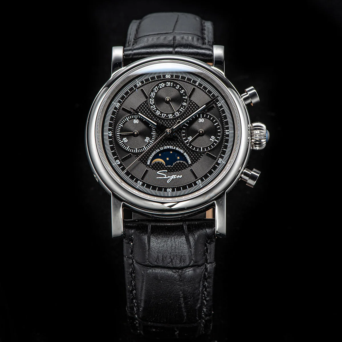Luxury men's watch with moon phase and chronograph features.