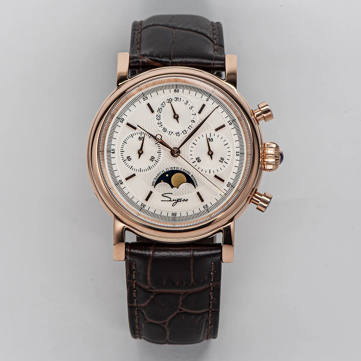 Luxury men's chronograph watch with moonphase complication and leather strap.