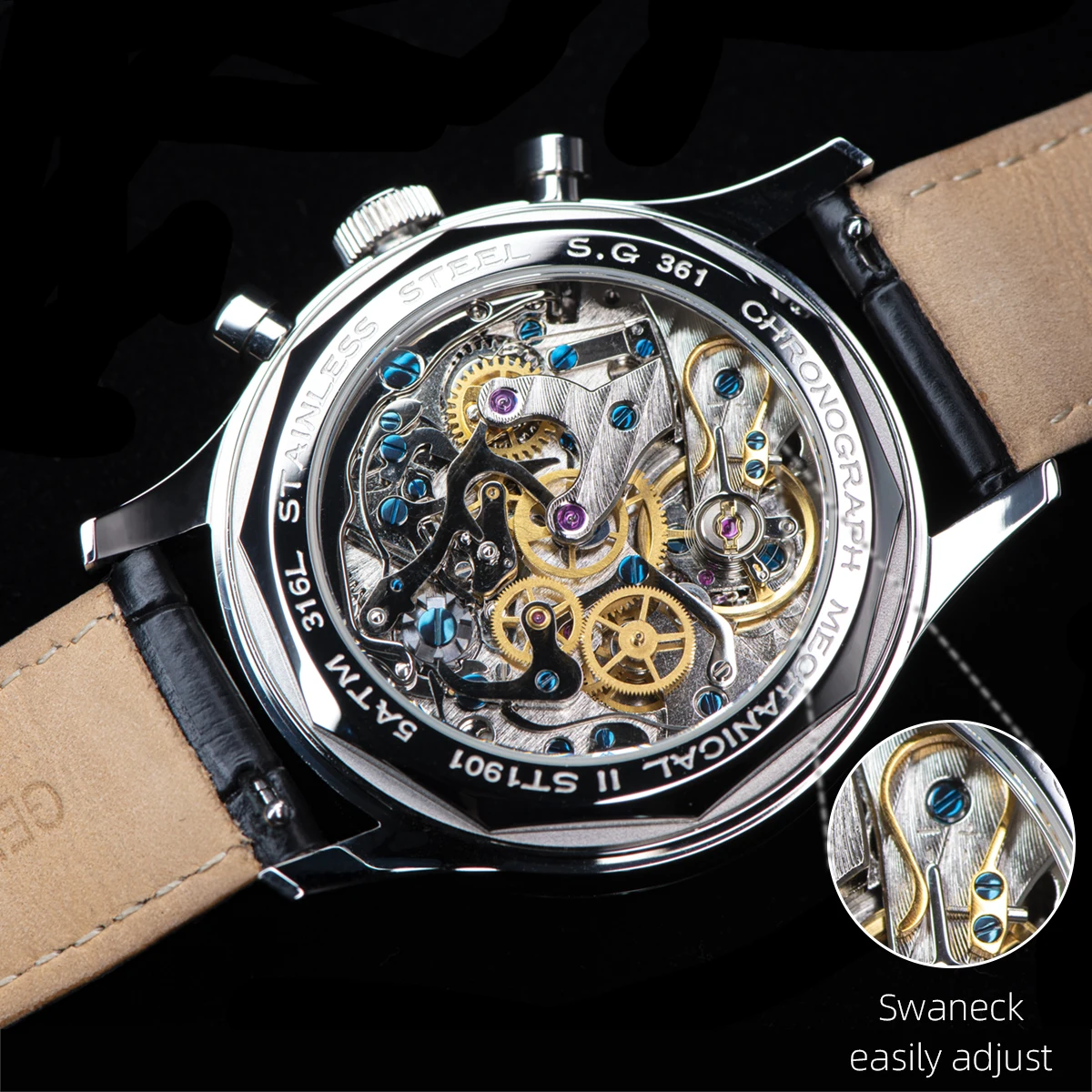 Elegant skeleton watch showcasing intricate mechanical movement and gold accents.