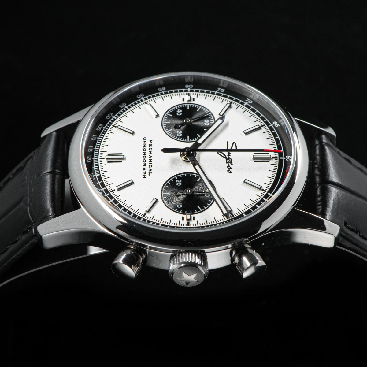 High-quality men's vintage chronograph watch with black leather strap and silver case.